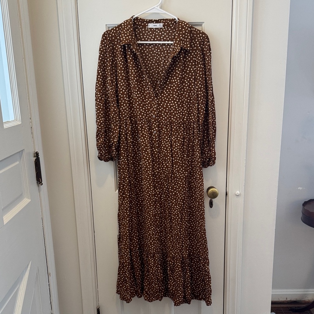 Mango Brown Long Sleeve Dress with White Dots